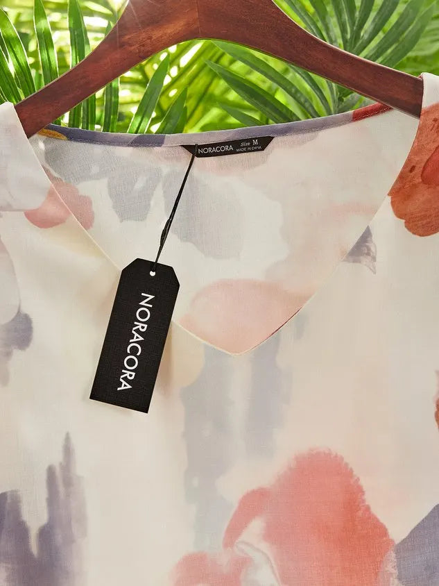 Casual V neck Floral Three Quarter Sleeve Woven Tunic Dress